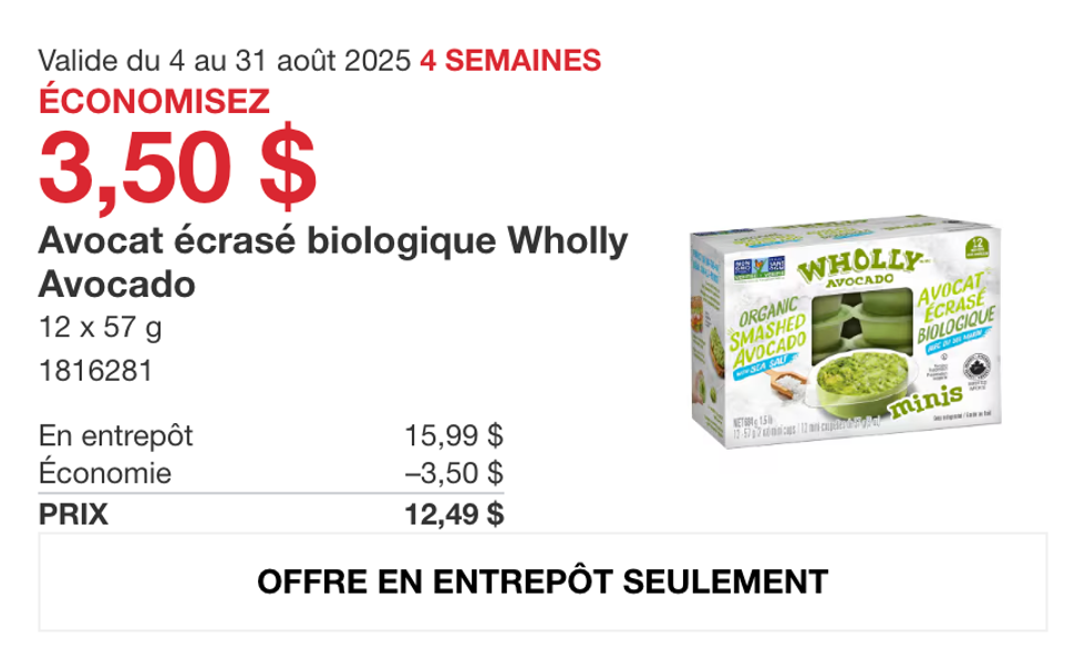 L\u2019emballage de 12 portions d\u2019avocat \u00e9cras\u00e9 Wholly Avocado en vedette dans la circulaire du Costco.