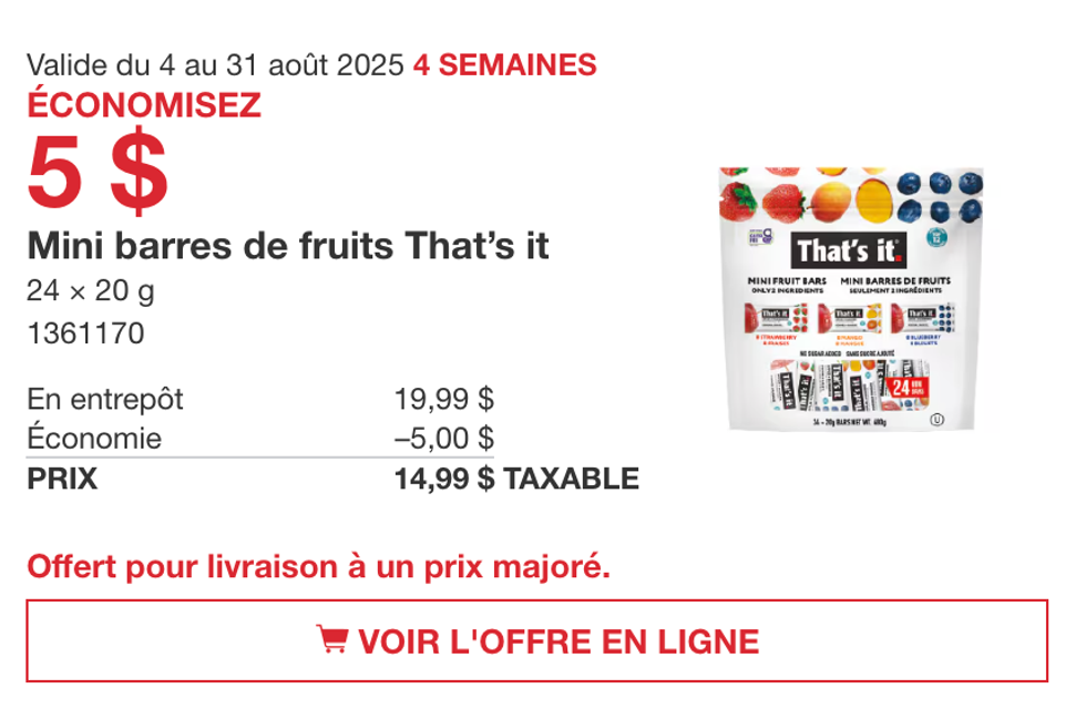 L\u2019emballage de 24 mini barres de fruits That\u2019s it en vedette dans la circulaire du Costco.