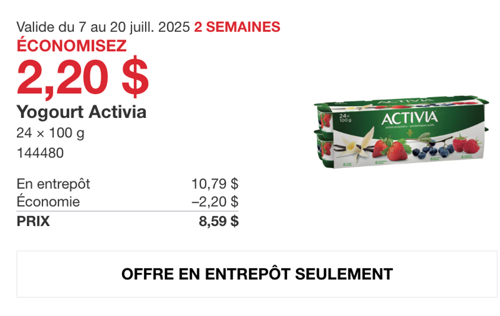 L\u2019emballage de 24 yogourts Activia dans la circulaire du Costco.