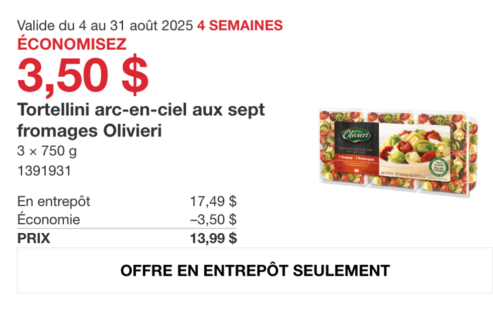 L\u2019emballage de 3 paquets de tortellini Olivieri aux sept fromages en vedette dans la circulaire du Costco.