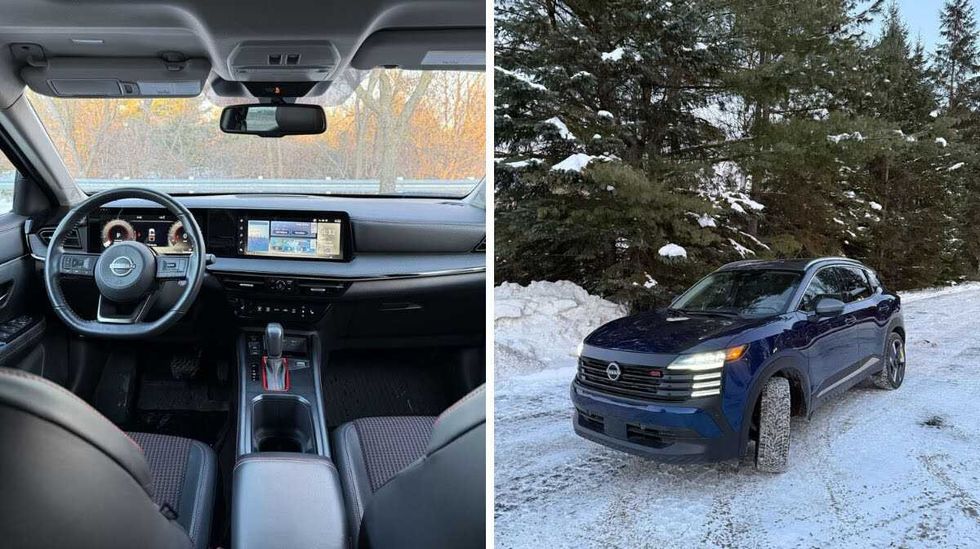 L\u2019int\u00e9rieur du Nissan Kicks. Droite : Un Nissan Kicks sur une route enneig\u00e9e, devant des arbres.