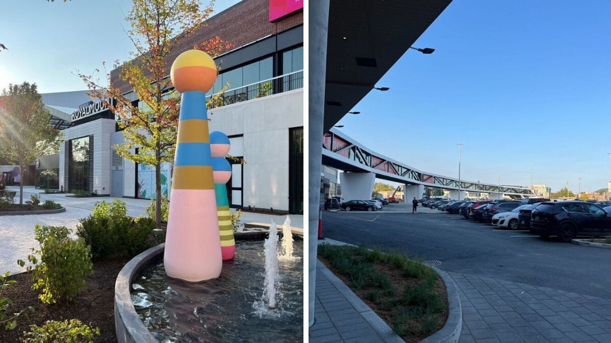 L'une des façades du centre commercial Royalmount. Droite: le stationnement du centre commercial.
