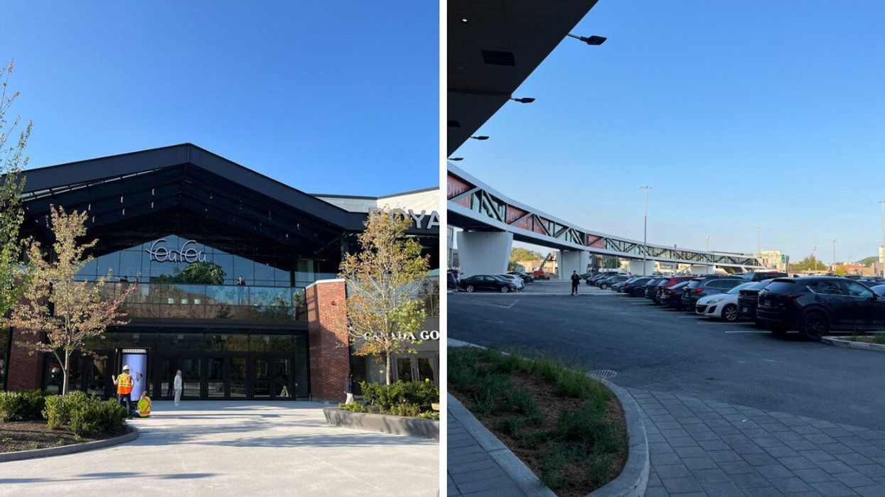 L'une des façades du centre commercial Royalmount. Droite: le stationnement du centre commercial.