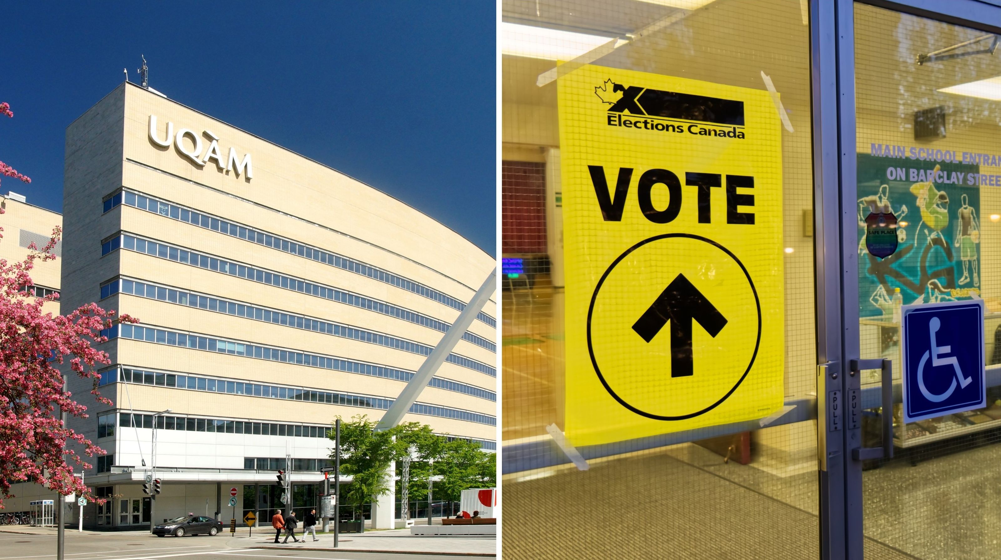 L'UQAM. À droite : une affiche de vote d'Élections Canada.