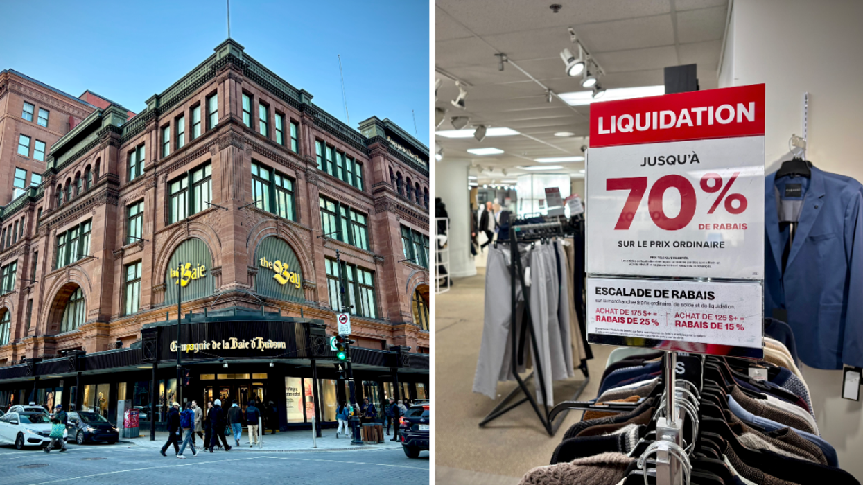 La Baie de Montréal. À droite : une affiche de solde.