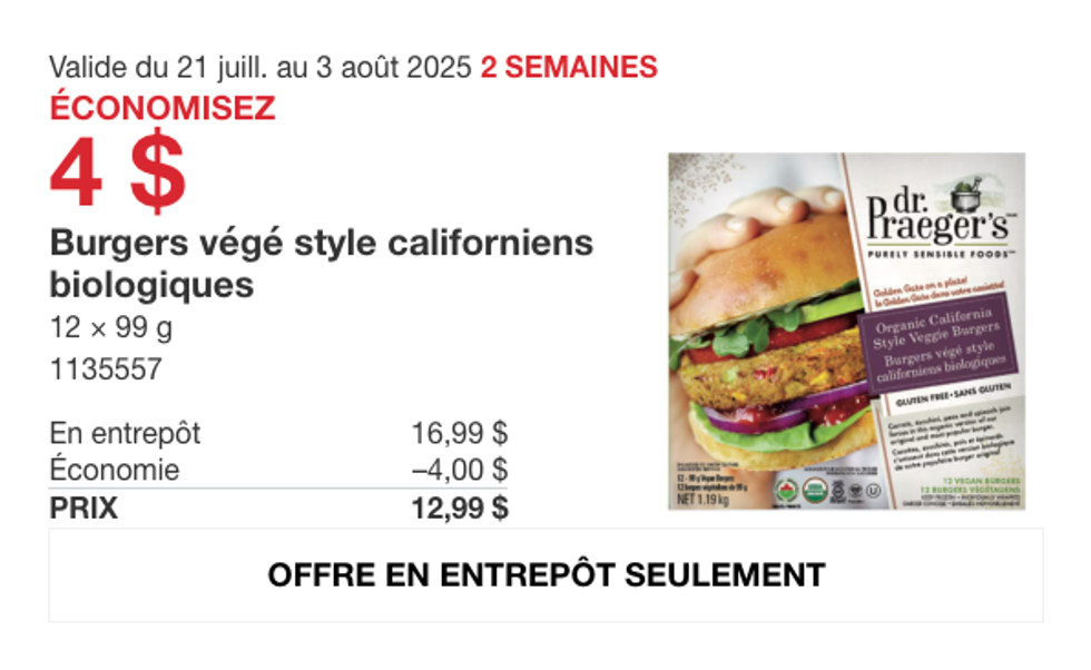La bo\u00eete de 12 burgers v\u00e9g\u00e9 Dr. Praeger\u2019s style californien rep\u00e9r\u00e9e dans la circulaire du Costco.