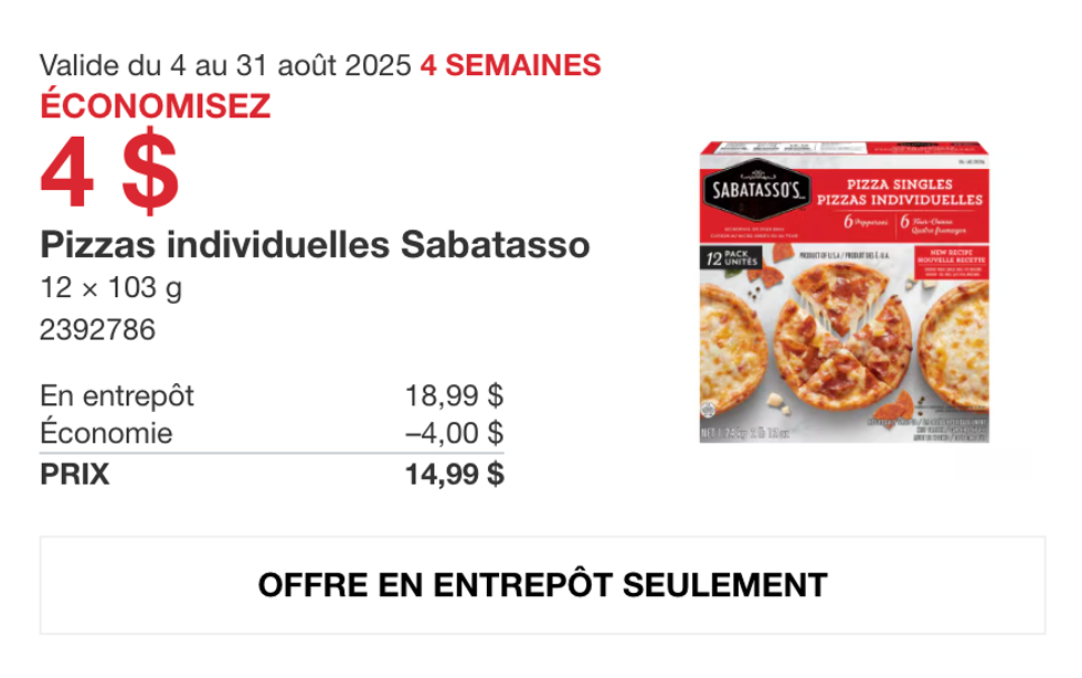 La bo\u00eete de 12 mini-pizzas Sabatasso en vedette dans la circulaire du Costco.
