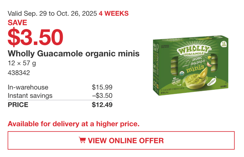 La bo\u00eete de 12 minis guacamoles biologiques Wholly en vedette dans la circulaire du Costco.