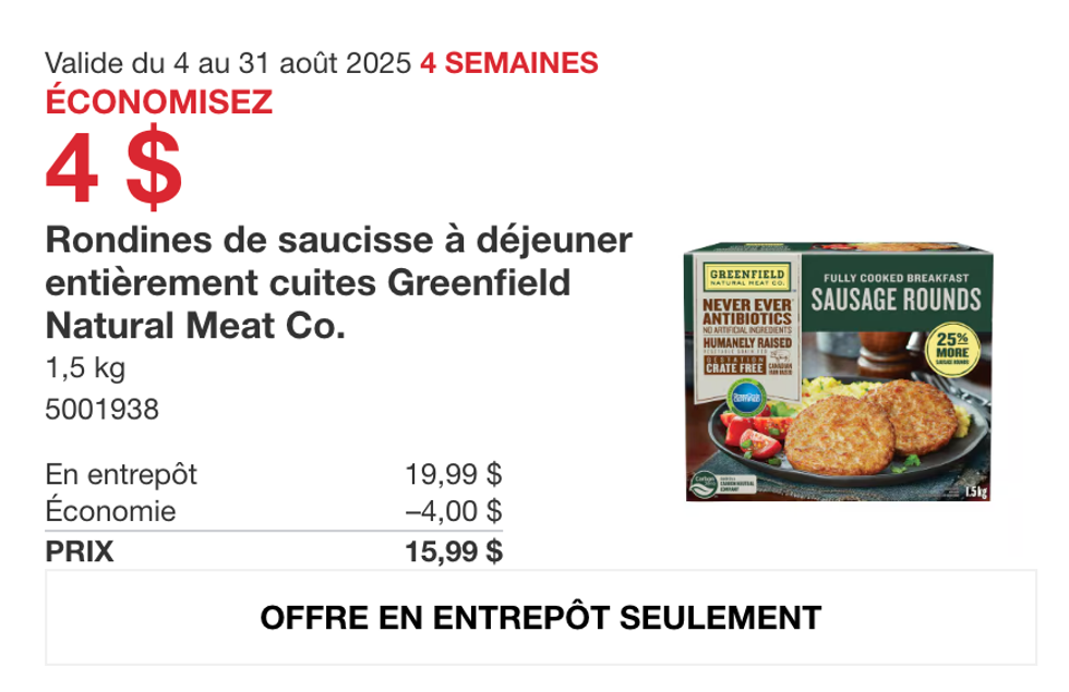 La bo\u00eete de 1,5 kg de rondines de saucisse Greenfield en vedette dans la circulaire du Costco.