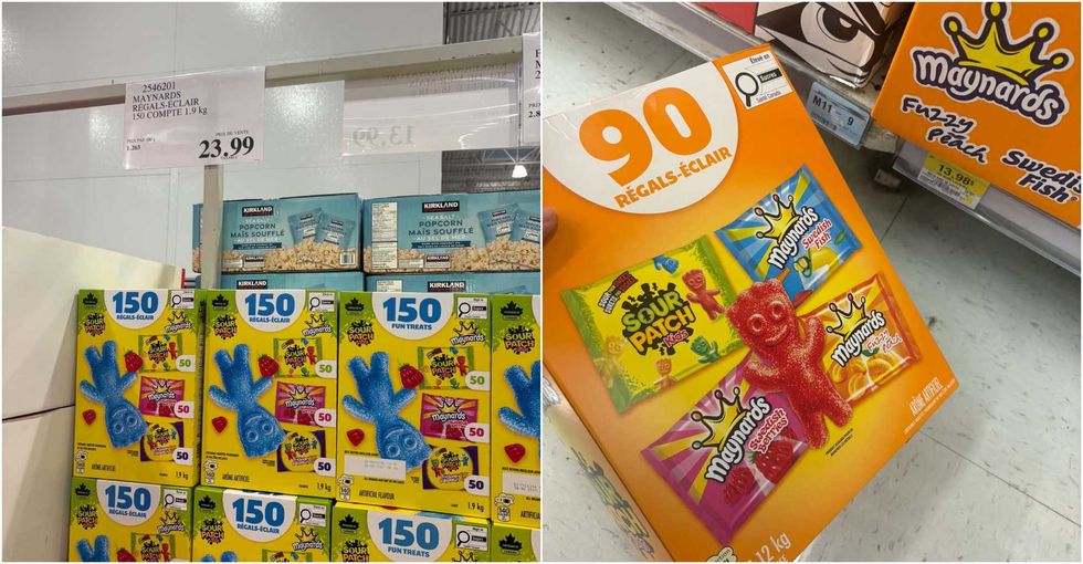 La bo\u00eete de 150 friandises Maynards au Costco. Droite : La bo\u00eete de 90 friandises Maynards au Walmart.