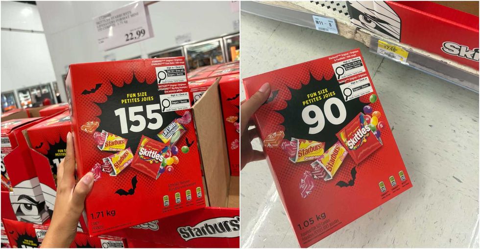La bo\u00eete de 155 friandises Skittles, Starburst et Life Savers au Costco. Droite : La bo\u00eete de 90 friandises Skittles et Starburst au Walmart.