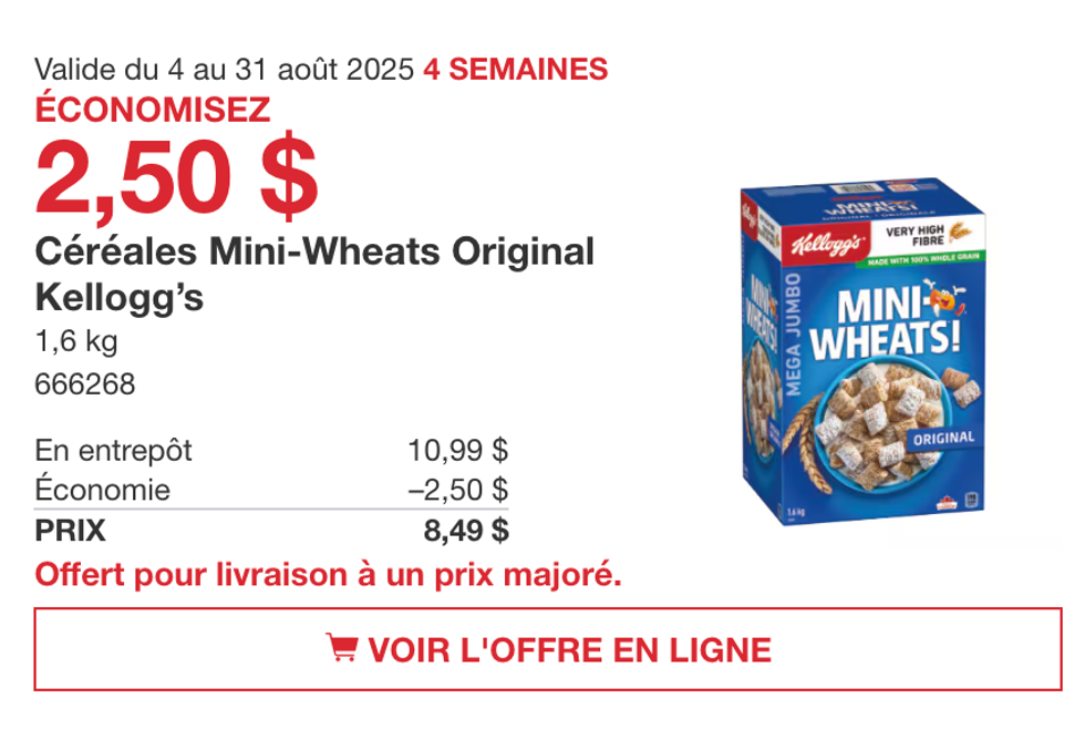 La bo\u00eete de 1,6 kg de Mini-Wheats Original en vedette dans la circulaire du Costco.