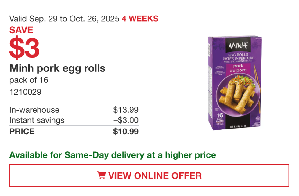 La bo\u00eete de 16 rouleaux imp\u00e9riaux au porc Minh en vedette dans la circulaire du Costco.