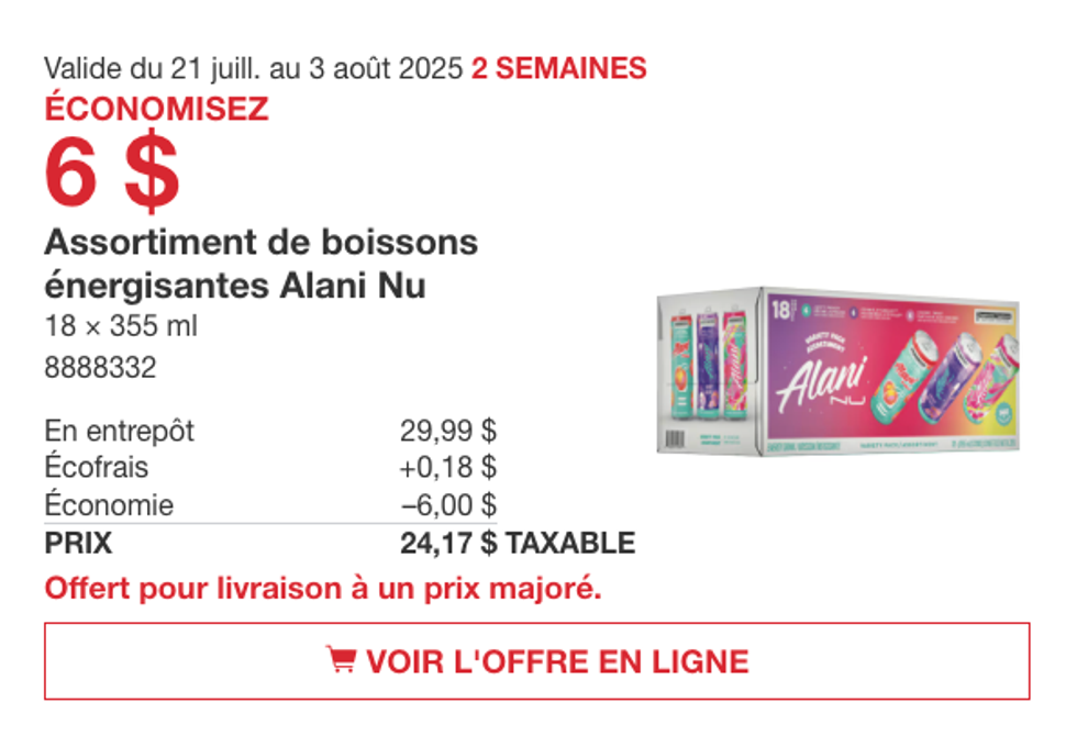La bo\u00eete de 18 canettes de boissons \u00e9nergisantes Alani Nu pr\u00e9sent\u00e9e dans la circulaire du Costco.