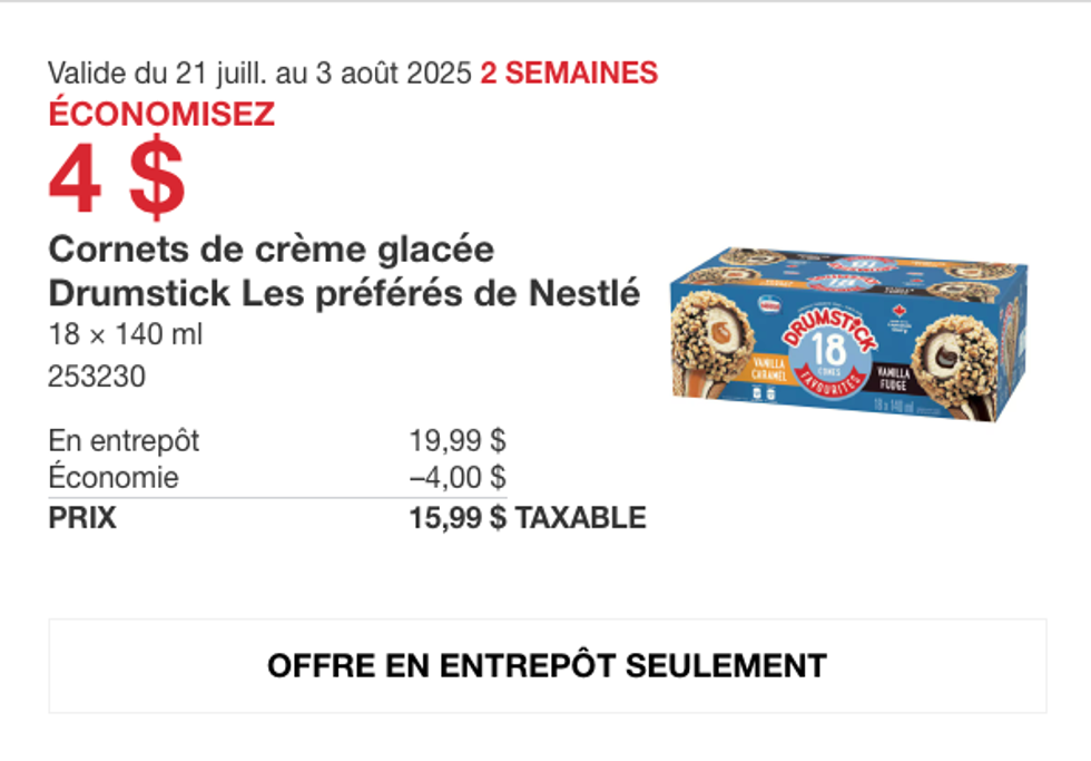 La bo\u00eete de 18 cornets Drumstick en vedette dans la circulaire du Costco.