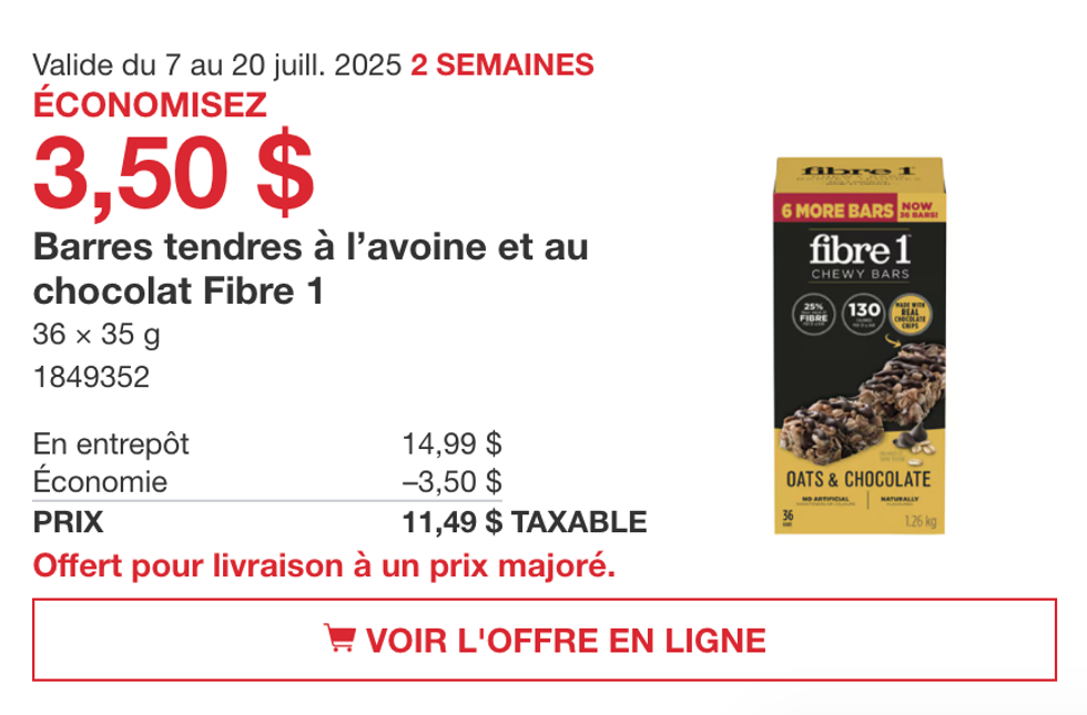 La bo\u00eete de 36 barres tendres \u00e0 l\u2019avoine et au chocolat Fibre 1 dans la circulaire du Costco.