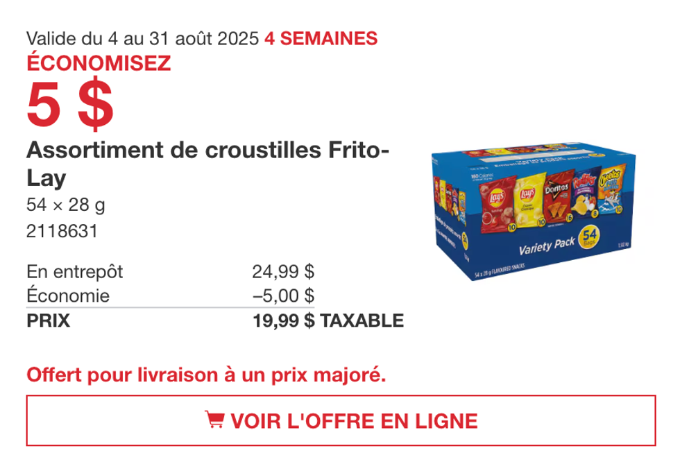 La bo\u00eete de 54 sacs de croustilles assorties Frito-Lay en vedette dans la circulaire du Costco.