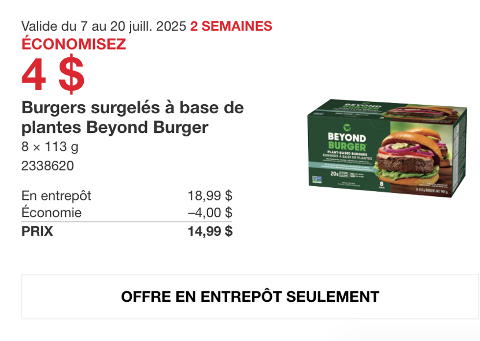 La bo\u00eete de 8 burgers v\u00e9g\u00e9taux Beyond Burger dans la circulaire du Costco.