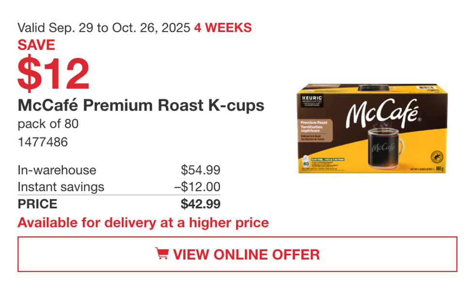 La bo\u00eete de 80 capsules McCaf\u00e9 Premium Roast en vedette dans la circulaire du Costco.