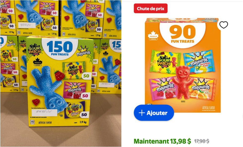 La bo\u00eete de friandises assorties Maynards au Costco. Droite : La bo\u00eete de friandises assorties Maynards sur le site du Walmart.