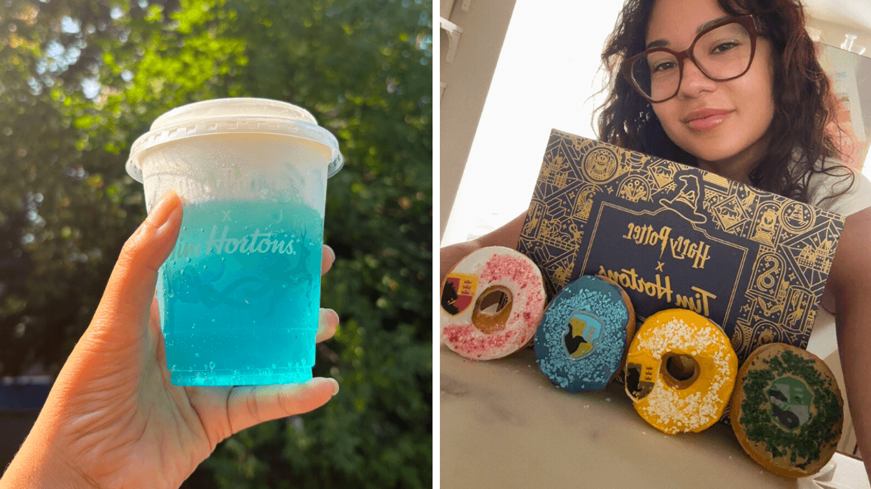La boisson RafraîchiTIM Patronus pétillante. Droite : Noémi ert les beignes Harry Potter du Tim Hortons.