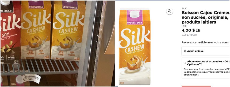 La boisson Silk au cajou cr\u00e9meux au Liquidation Marie. Droite : La boisson Silk au cajou cr\u00e9meux sur le site du Maxi.