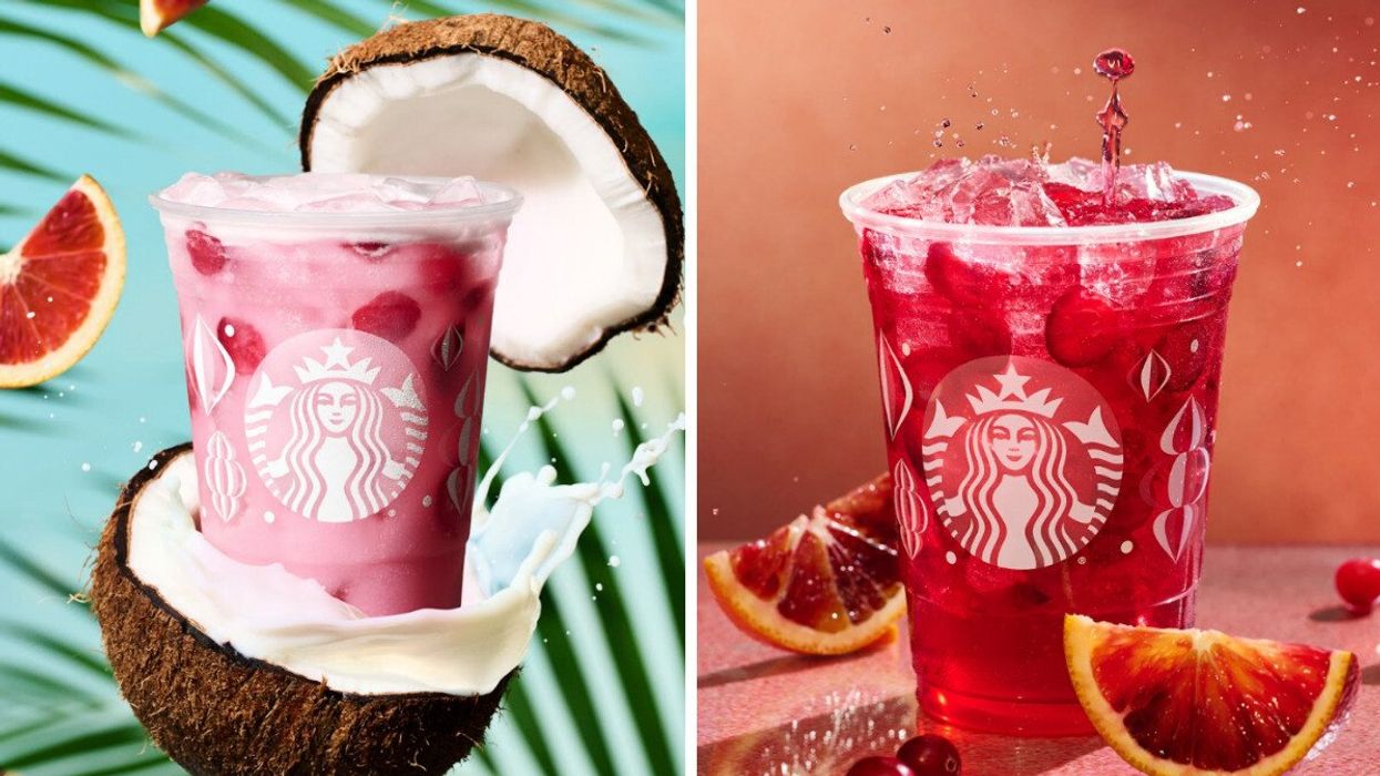La boisson Starbucks Refreshers canneberge et orange au lait de coco. Droite : La boisson Starbucks Refreshers canneberge et orange.