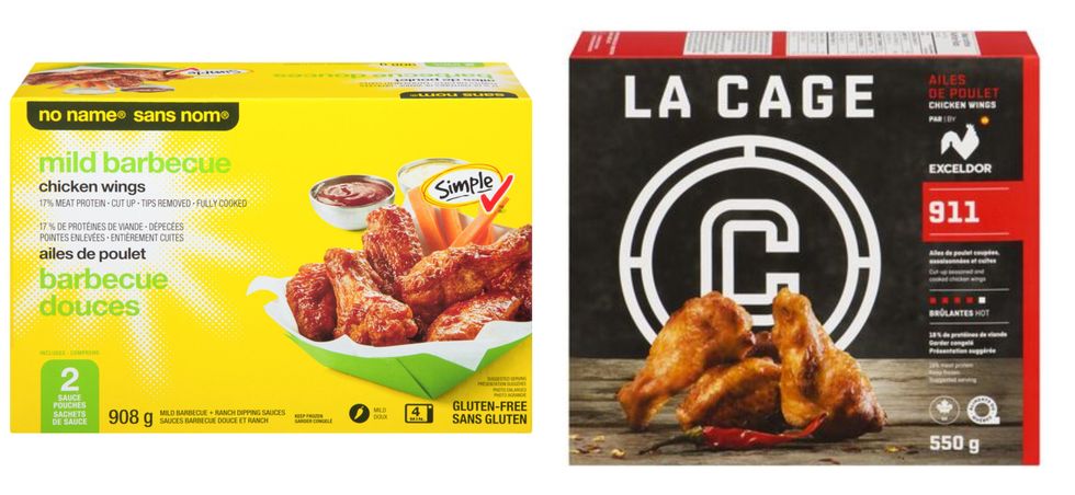 La boite d'ailes de poulet barbecue douces sans nom sur le site du Maxi. Droite : La boite d'ailes de poulet 911 La Cage sur le site du Super C.