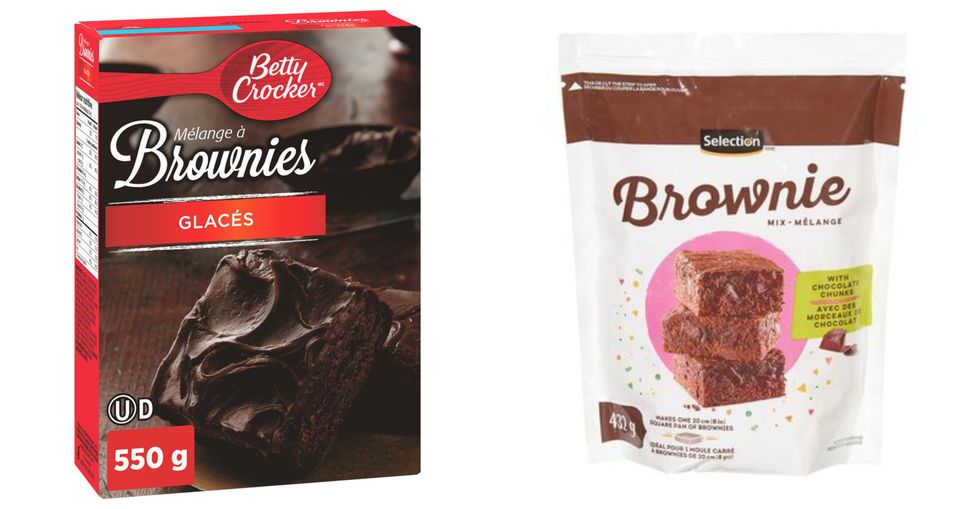 La boite de m\u00e9lange \u00e0 brownies Bettu Crockers sur le site du Maxi. Droite : Le sac de m\u00e9lange \u00e0 brownies Selection sur le site du Super C.