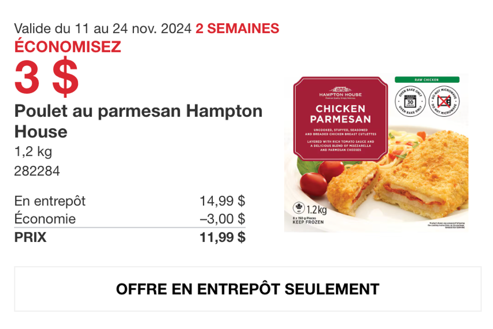 La boite de poulet au parmesan Hampton House dans la circulaire du Costco.