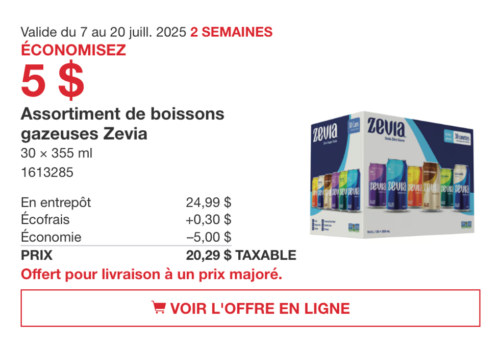 La caisse de 30 canettes de boissons gazeuses Zevia dans la circulaire du Costco.