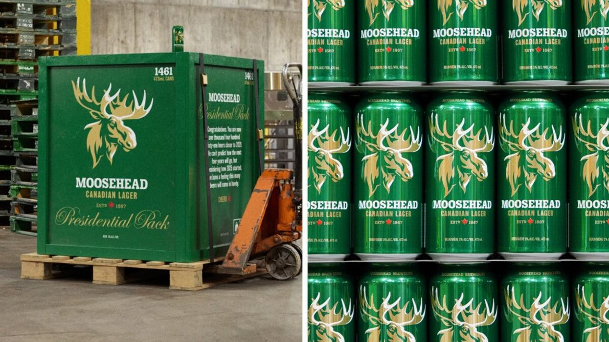 La caisse présidentielle de Moosehead. Droite : Des bières Moosehead.
