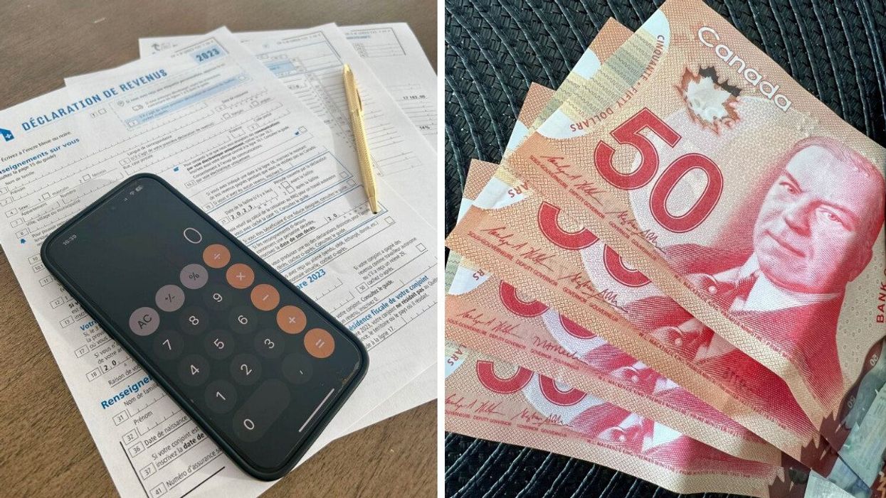 La calculatrice d'un téléphone intelligent et un crayon se trouvent par dessus des papiers d'impôt. Droite : quatre billets de 50 $ CAN sont placés en éventail sur un napperon noir.