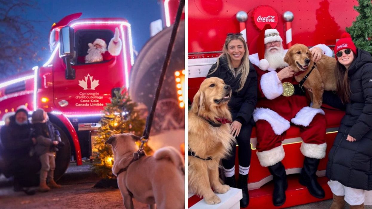 La caravane Coca-Cola. Droite : Le père Noël Coca-Cola avec des chiens et des employées Coca-Cola.