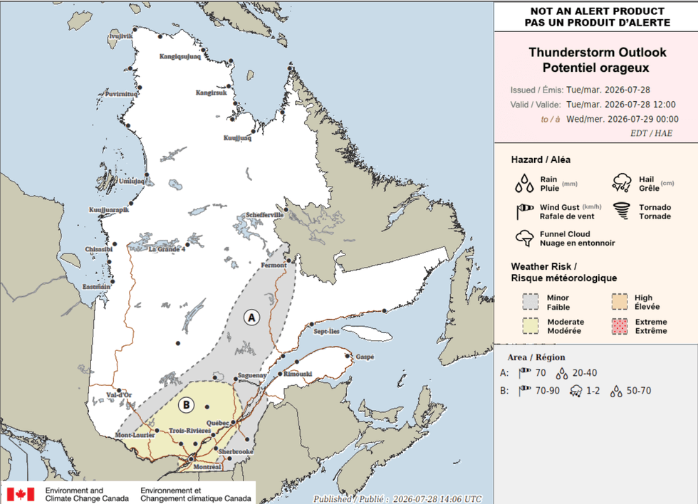 La carte du potentiel orageux au Qu\u00e9bec pour la journ\u00e9e du 28 juillet 2026.