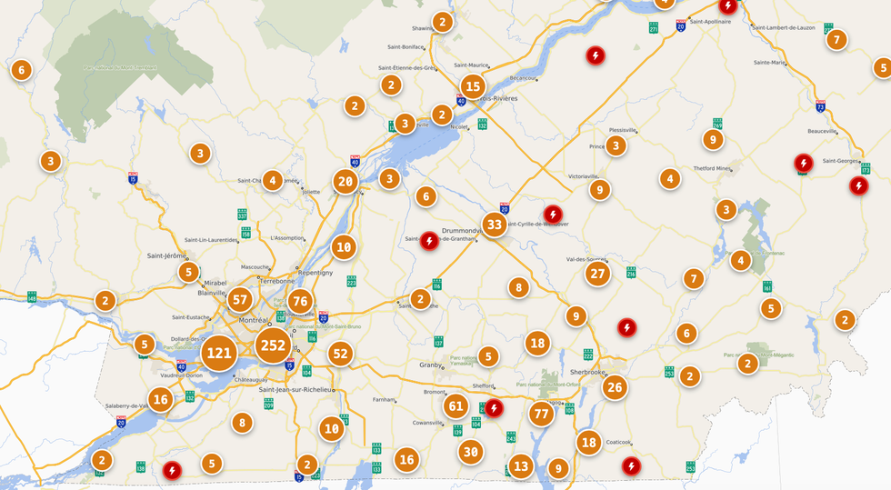 La carte g\u00e9ographique des pannes d'Hydro-Qu\u00e9bec.