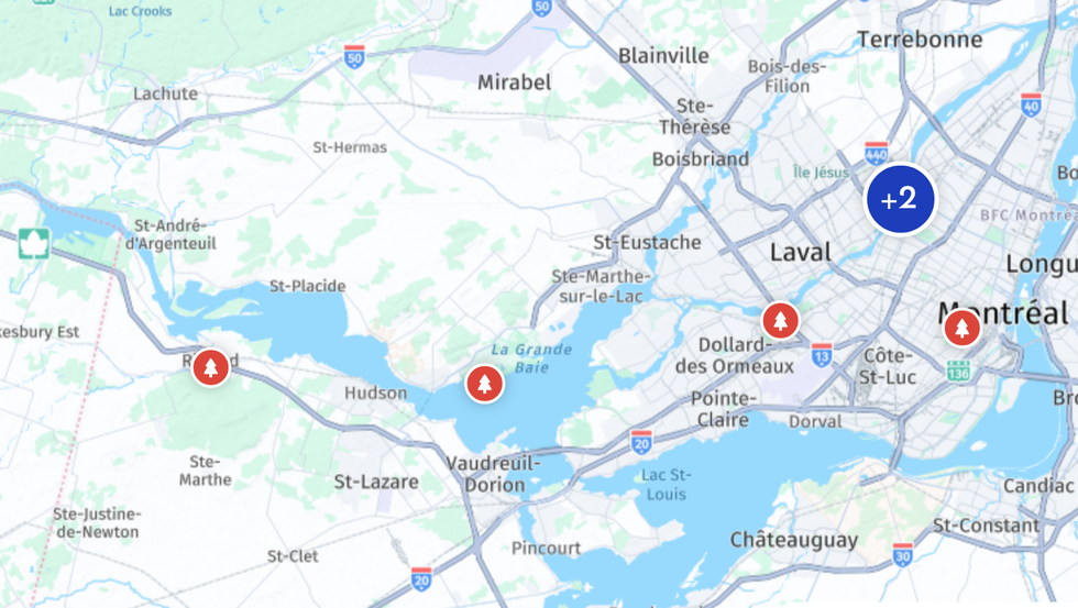 La carte interactive de Bonjour Qu\u00e9bec le 20 octobre 2025 : le Grand Montr\u00e9al a des endroits \u00e0 l'apog\u00e9e.