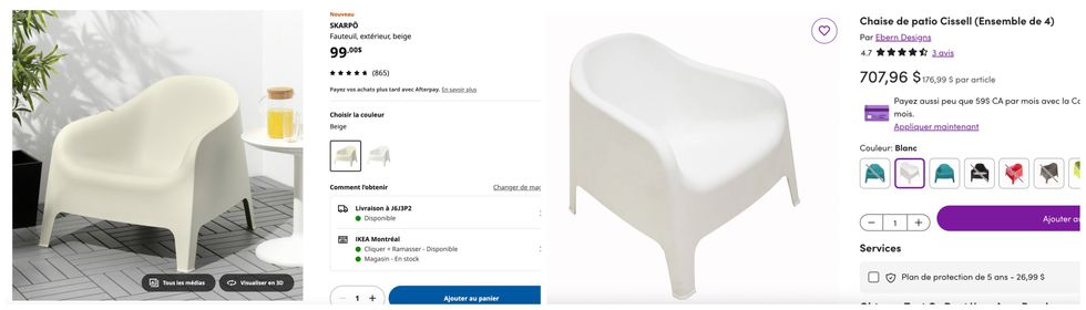 La chaise SKARP\u00d6 sur le site de IKEA. Droite : La chaise de patio Cissell vendue en lot de 4 sur le site de Wayfair.