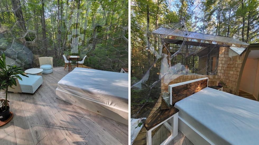 La chambre dans la bulle. Droite : Vue sur l'espace cuisine.