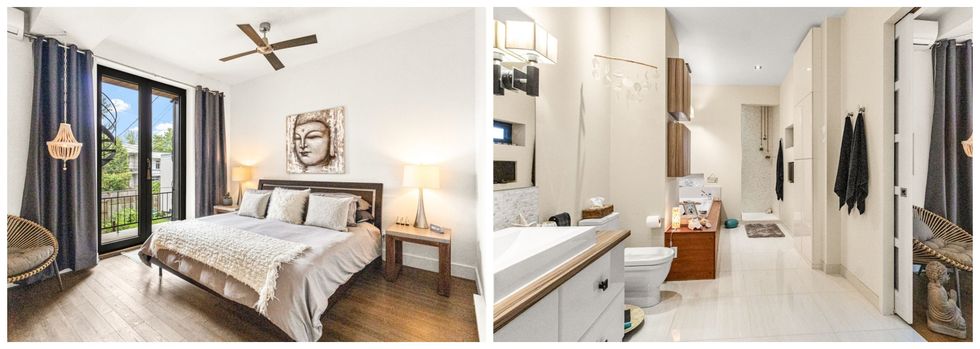 La chambre. Droite : La grande salle de bain.