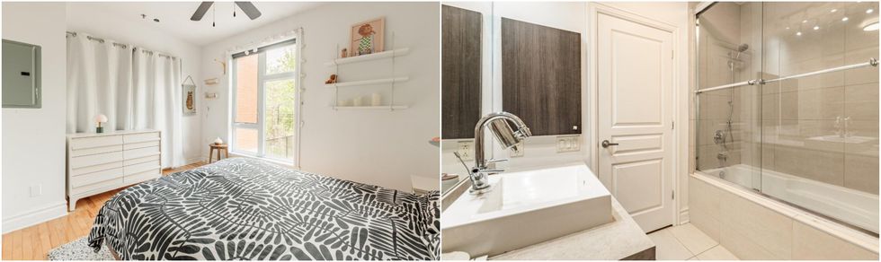 La chambre principale. Droite : La salle de bain.