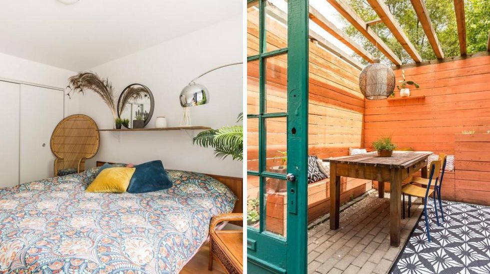 La chambre principale. Droite : La terrasse du condo.