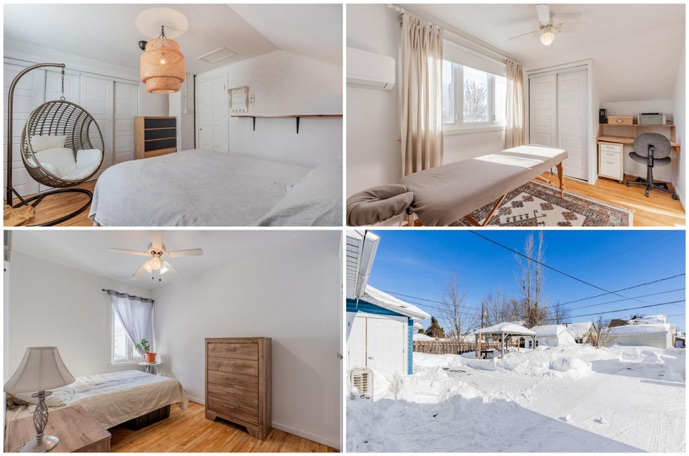 La chambre principale. Droite : Une chambre secondaire utilis\u00e9e comme salle de massage. Bas gauche : Chambre. Bas droit : La cour enneig\u00e9e.