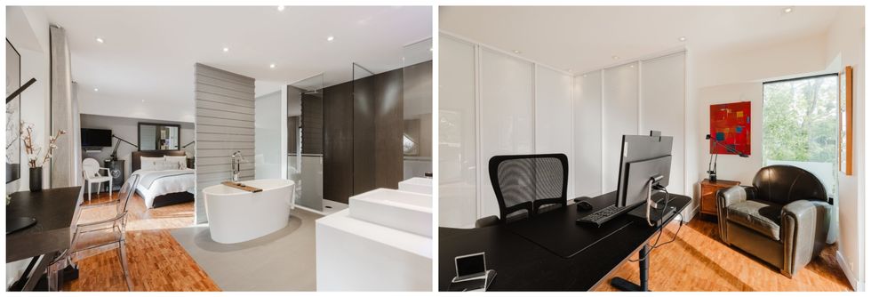 La chambre principale et la salle de bain de l'unit\u00e9 201. Droite : La seconde chambre de l'unit\u00e9 201.