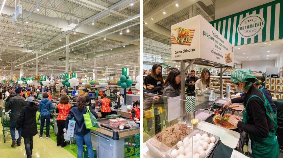 La client\u00e8le du T&T de Brossard aux caisses. Droite : Le kiosque de cr\u00eape chinoise du T&T de Brossard. 