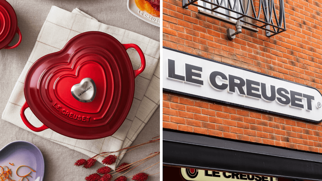 La cocotte en coeur rouge de Le Creuset. Droite : La façade d'un magasin Le Creuset.