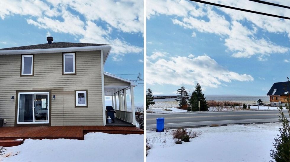 La cour arri\u00e8re. Droite : La vue \u00e0 l'avant de la maison.