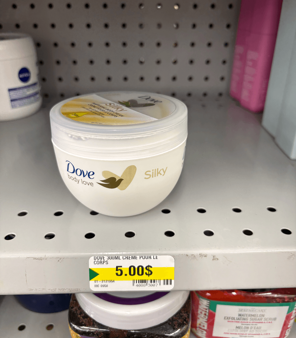 La cr\u00e8me Silky de Dove body love sur les tablettes du Dollarama.