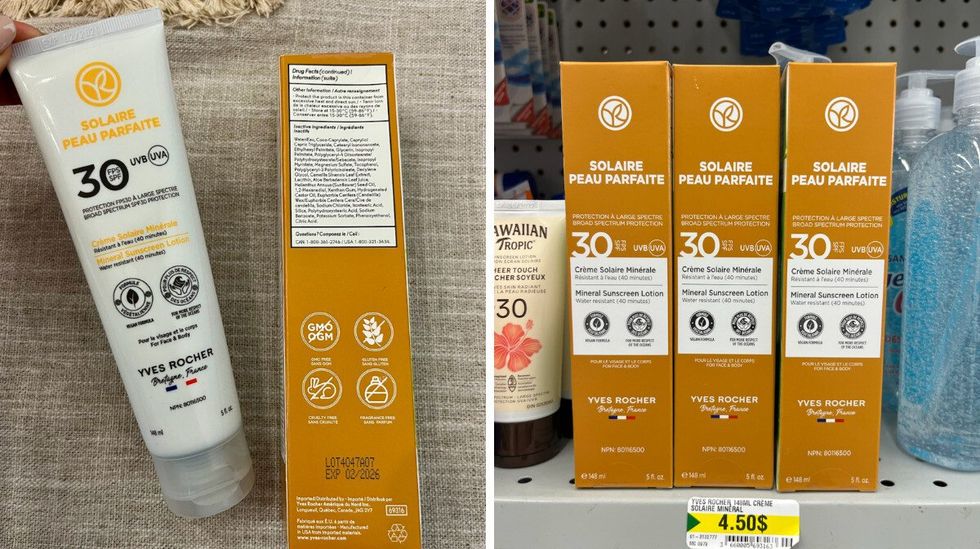 La cr\u00e8me Solaire Min\u00e9rale FPS 30. Droite : La cr\u00e8me Solaire Min\u00e9rale FPS 30 sur les tablettes du Dollarama.