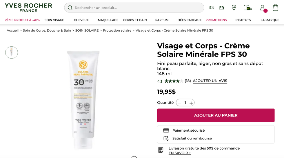 La cr\u00e8me Solaire Min\u00e9rale FPS 30 sur le site Internet de Yves Rocher.